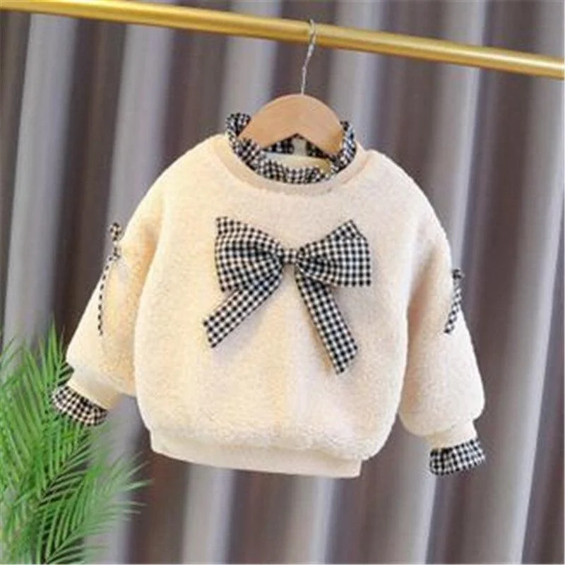2021 Spring Winter Girl Casual Sweater Children's Knitted Woolen  Kids Cute Bunny Warm Thicken Bowknot Long Sleeve Plus Velvet