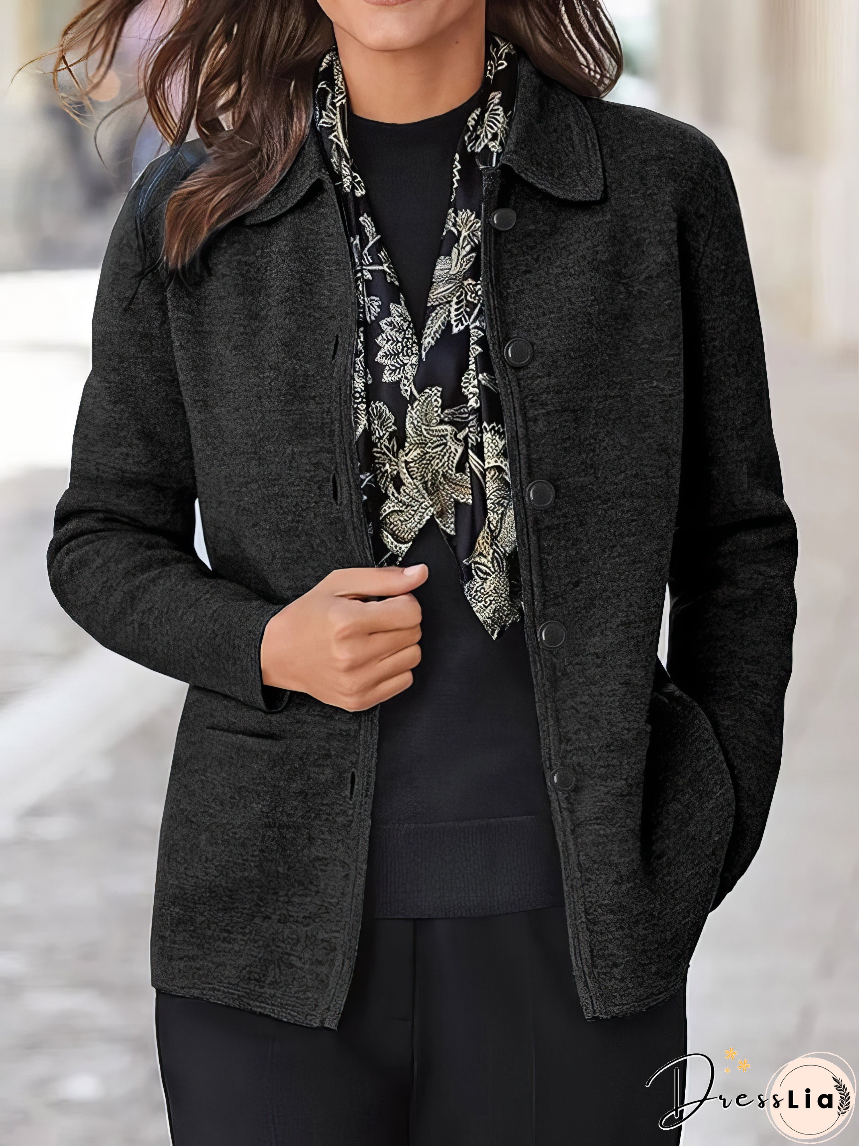 Solid Button Pocket Lapel Long Sleeve Jacket