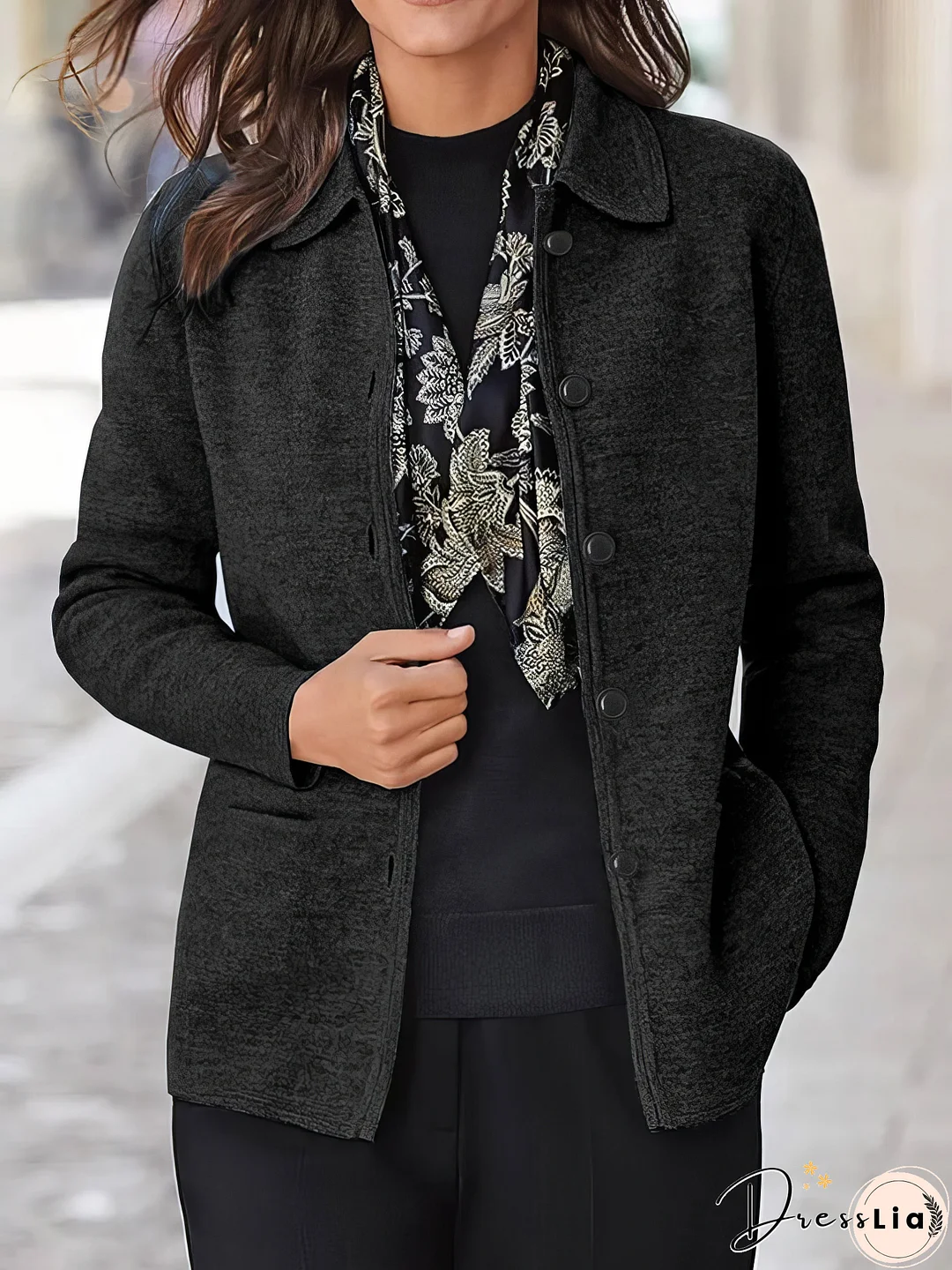 Solid Button Pocket Lapel Long Sleeve Jacket