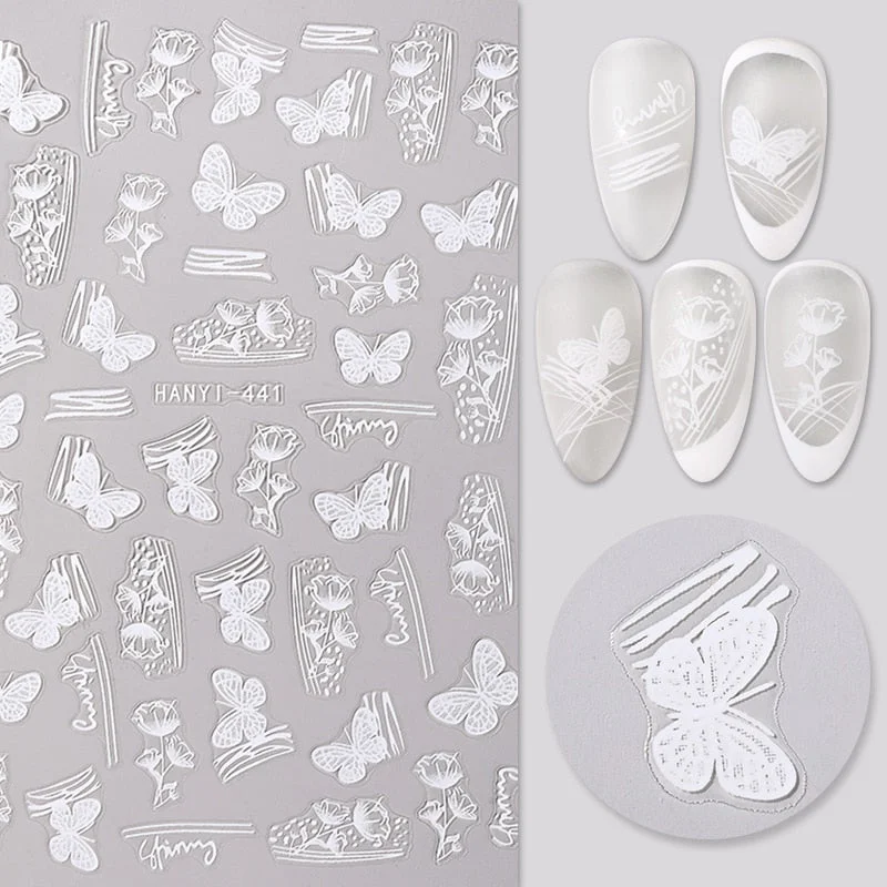 3D White Lace Flowers Translucent Nails Stickers Leaf Ballet Geometry Butterfly Gradient Abstract Nail Art Design Slider Decor