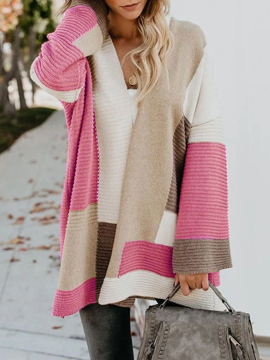 Loose Geometric Colorblock Sweater Cardigan