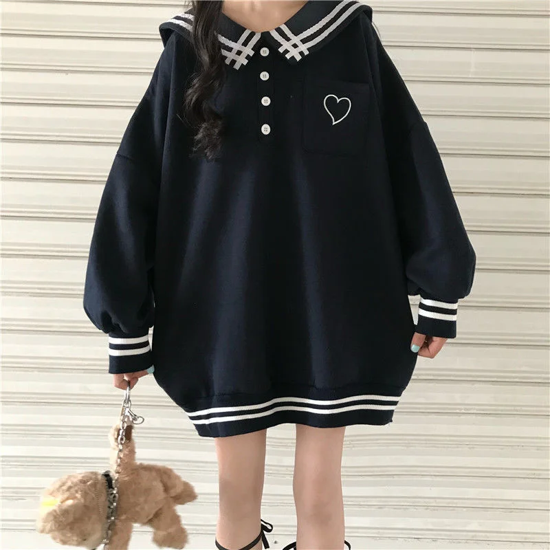 HOUZHOU Kawaii Sailor Collar Hoodies Women Winter Japanese Sweet Heart Embroidery Pocket Sweatshirt Harajuku Preppy Style Top