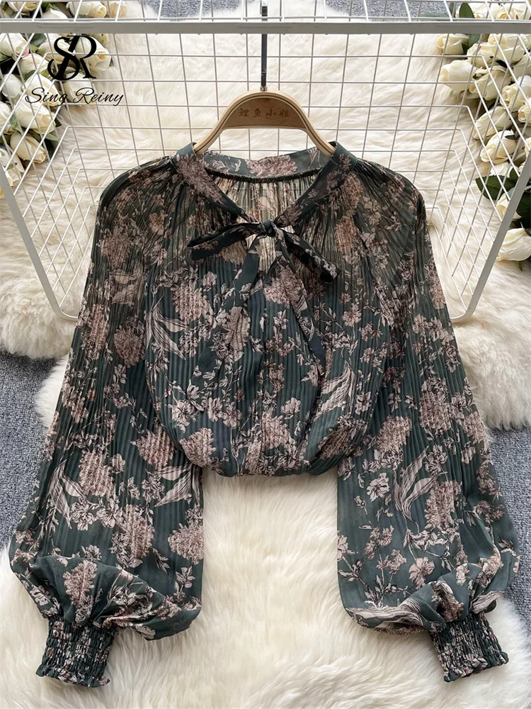 Huibahe Korean Print Chiffon Shirt Bow Neck Long Sleeves Loose Leopard Top Casual Paisley Vintage Floral Blouse Spring 2024