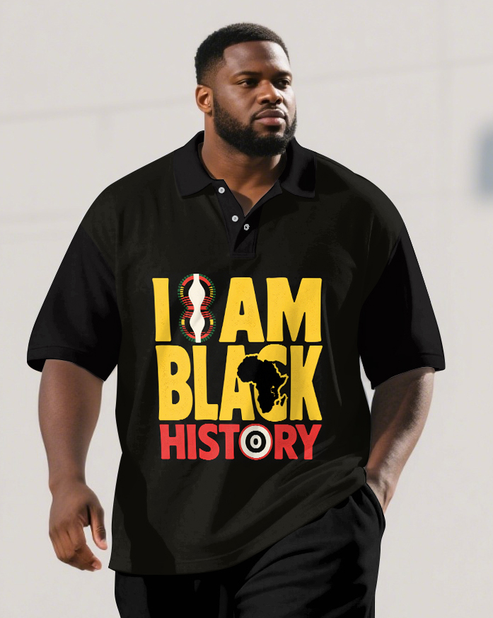 Big Men's BLACK HISTORY Letter Juneteenth Theme Short Sleeve Polo Shirt Shorts Suit