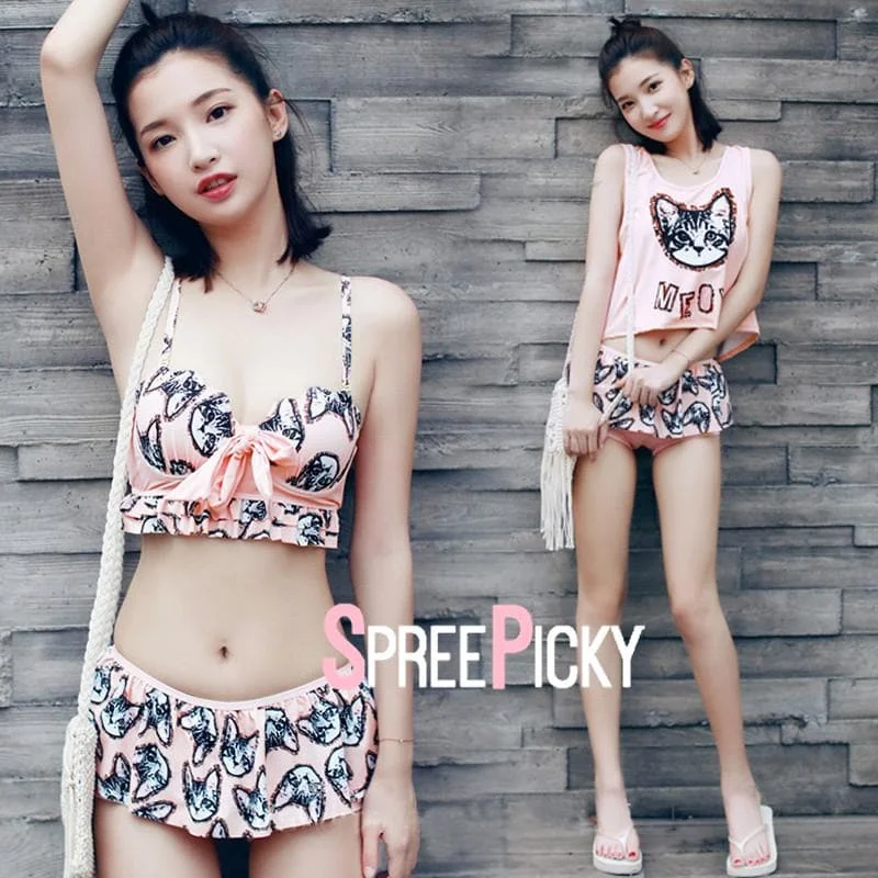 Blue/Red/Pink Kitty Printing Three-Piece Bikini Swimsuit SP179120