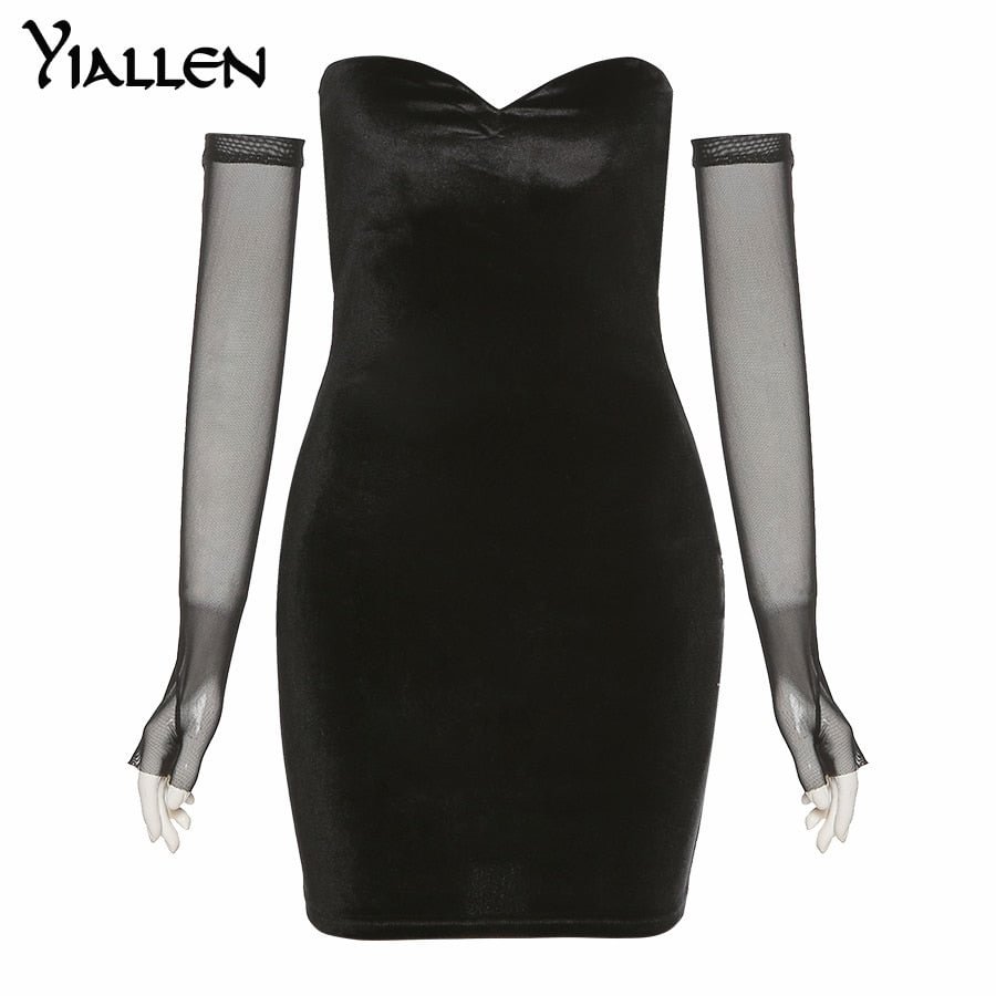 Yiallen Strapless Black Velvet Bodycon Dress With Fishnet Mesh Long Sleeve Backless Night Club Party Mini Dresses Ladies Robe