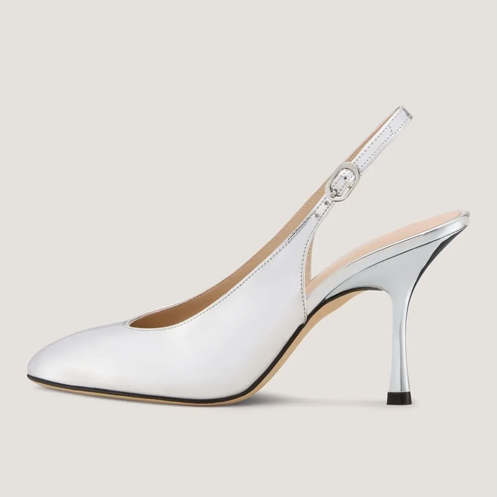 Patent Leather Round Toe Slip On Stiletto Heel Slingback Silver Pumps