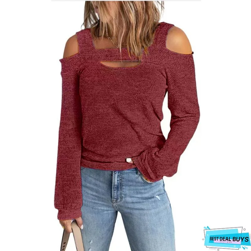 Sexy Strapless Solid Color Casual Long Sleeve Sweater