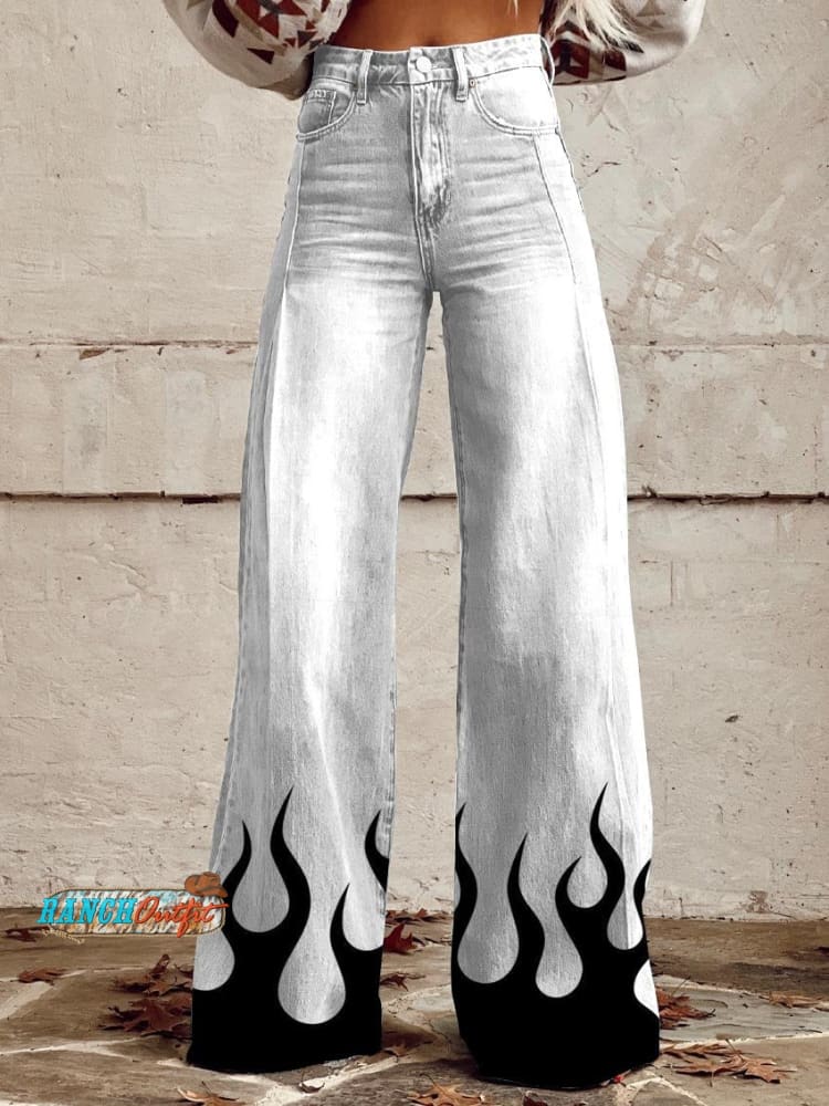 Women’s White With Black Flame Print Casual Wide Leg Pants Multicolor / S