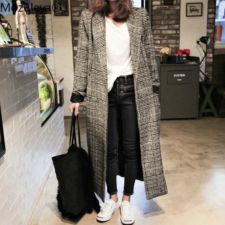 Women long Casual Plaid Coat