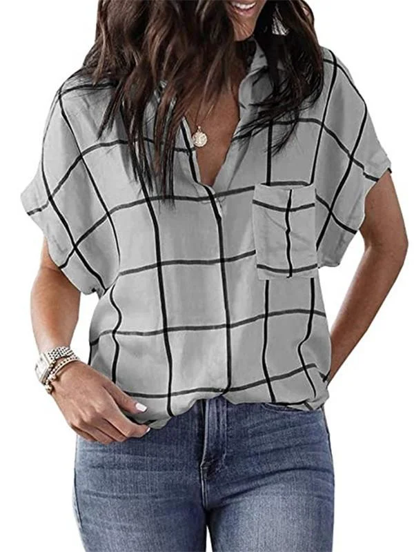 Women Short Sleeve V-neck Plaid Printed Basic Solid Color Blouse
