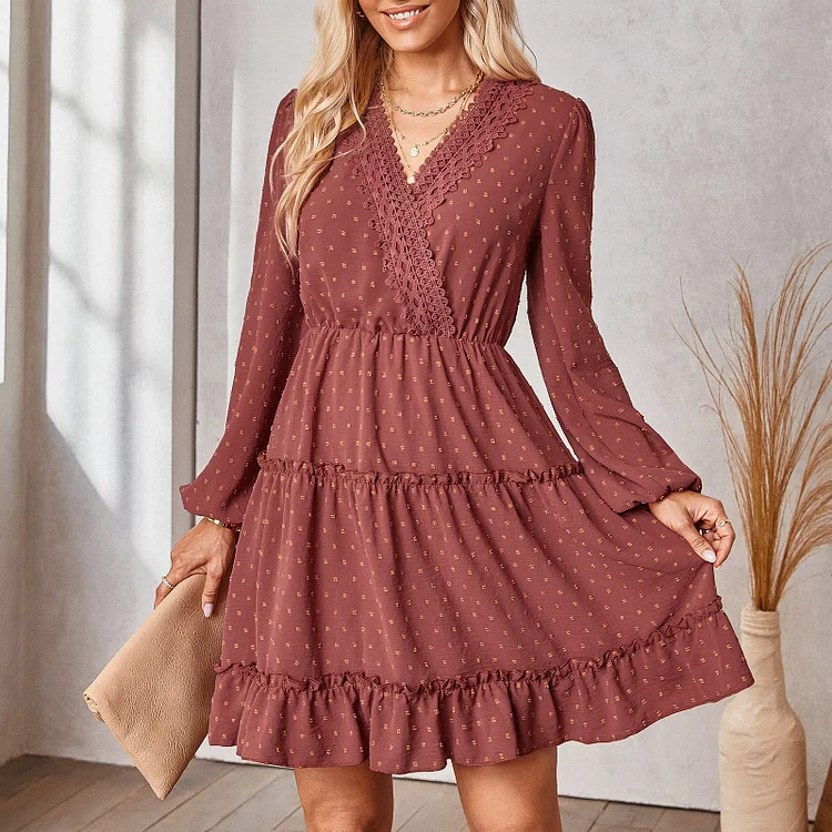 Women's Lace Fashion V-Neck Waist Slim A-Line Mini Dress