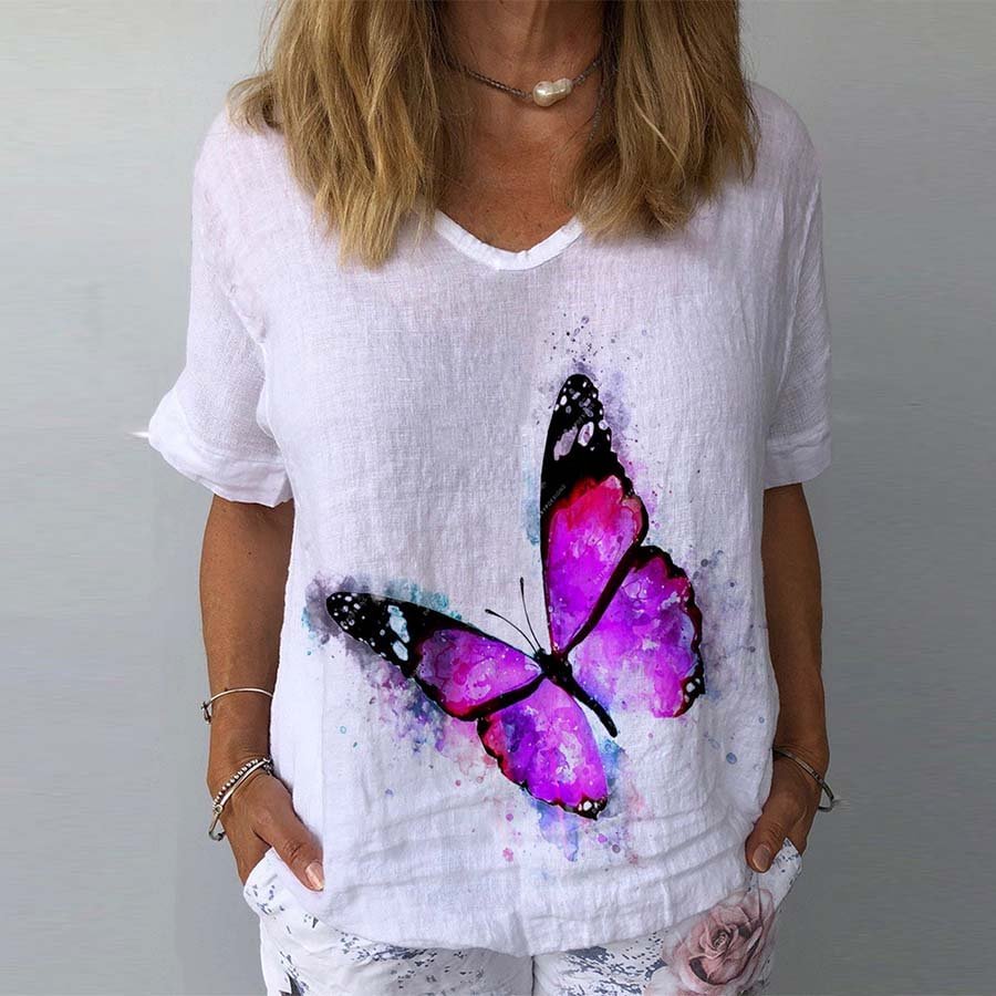 Women's Butterfly Printed Cotton Linen Short Sleeve Tops