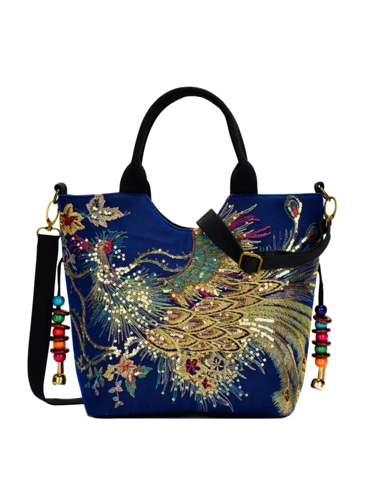 Ethnic Women Peafowl Embroidery Messenger Bag Canvas Bead Handbags (A Blue)