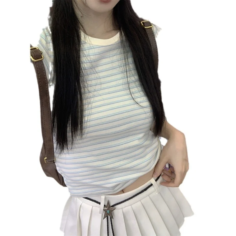 Uveng Uveng Short-Sleeved Striped T-Shirt Female 2024 Summer Hot Girl Slim Slim Bottom Shirt Versatile Student Short Top