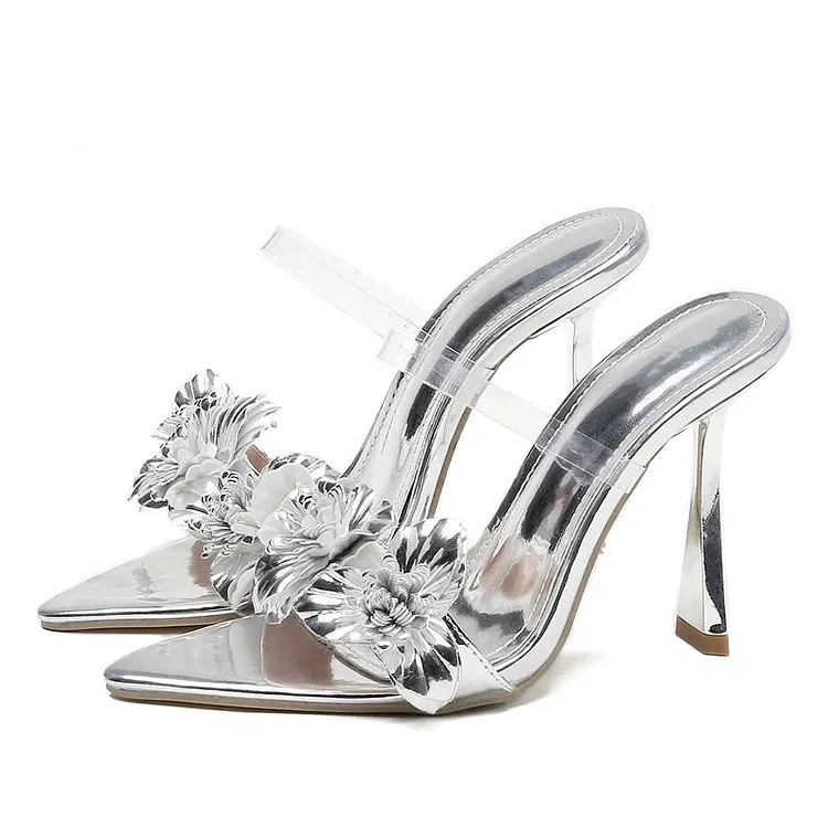 PVC Transparent Flower Pointed Toe Thin Heel Slippers for Summer