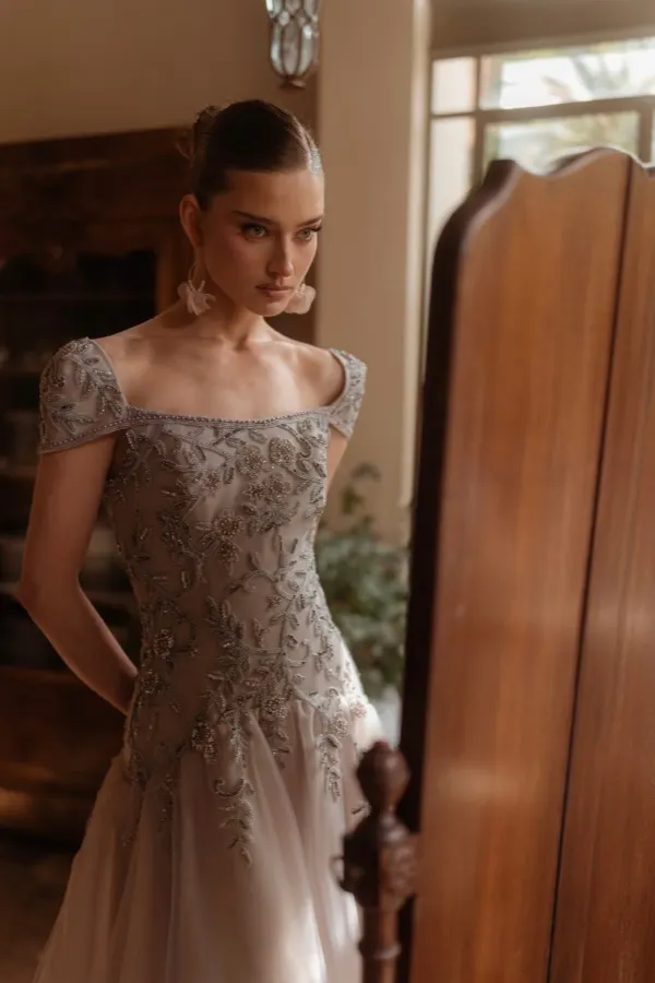 Lussooy Stunning Square Neck Beaded Short Sleeves Sequins A Line Long Prom Dress 