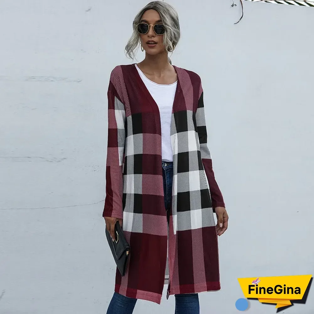 Autumn Women's Plaid Fashion Buttonless Straight Cardigan Coat Women