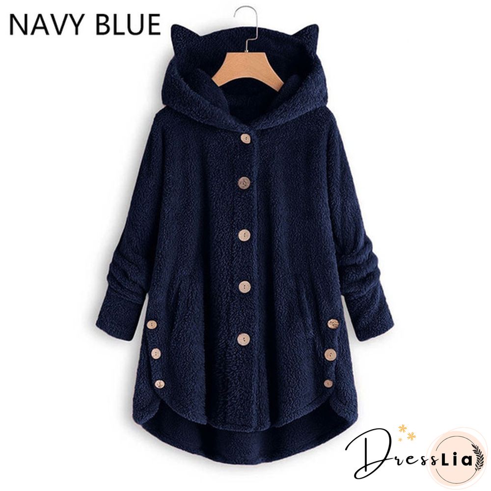Fashion Women Coats Autumn Winter Outwear Tops Solid Color Plush Loose Cute Cat Ears Warm Fur Cardigan Coat with Pocket Plus Size S-5XL