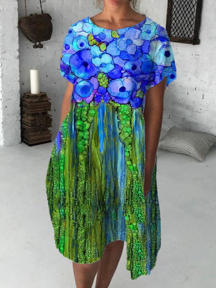Artwishers Stylish Floral Print Wide Skirt Midi Dress