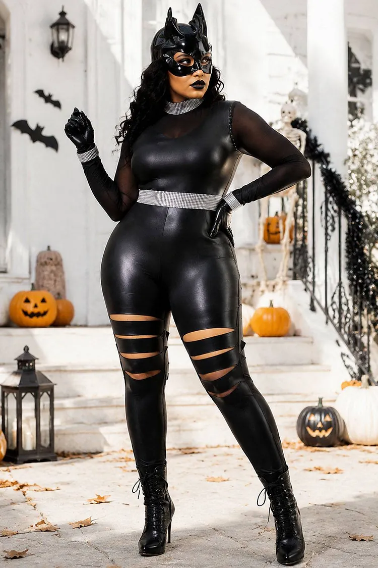 Xpluswear Design Plus Size Halloween Costume Black Cat Gothic See-Through Long Sleeve Mesh Jumpsuit (Without Headwear And Glove)（Ships 24h） 2024 - Xpluswear
