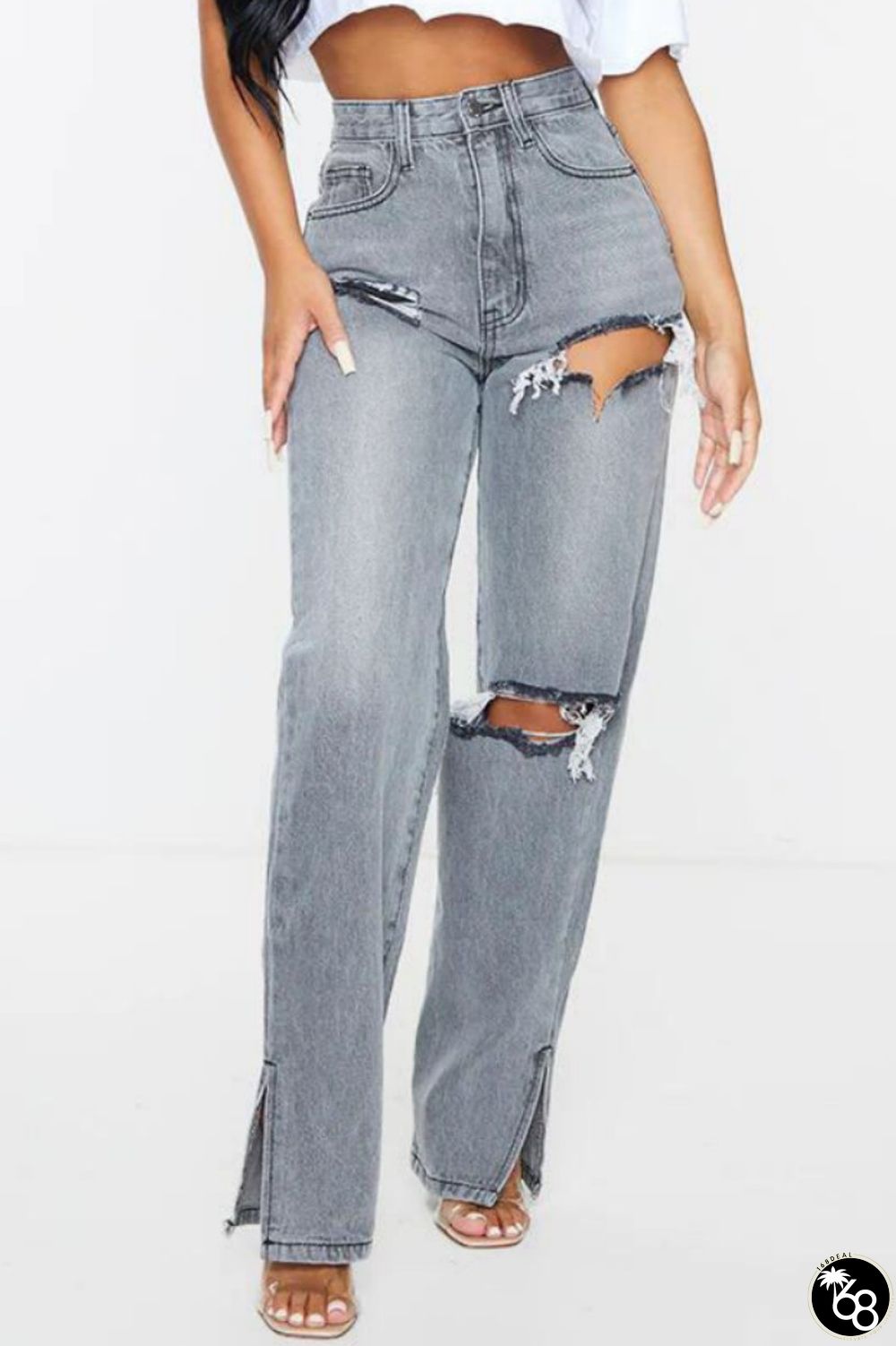 Grey Casual Ripped Straight High Waist Straight Solid Color Jeans | 168DEAL