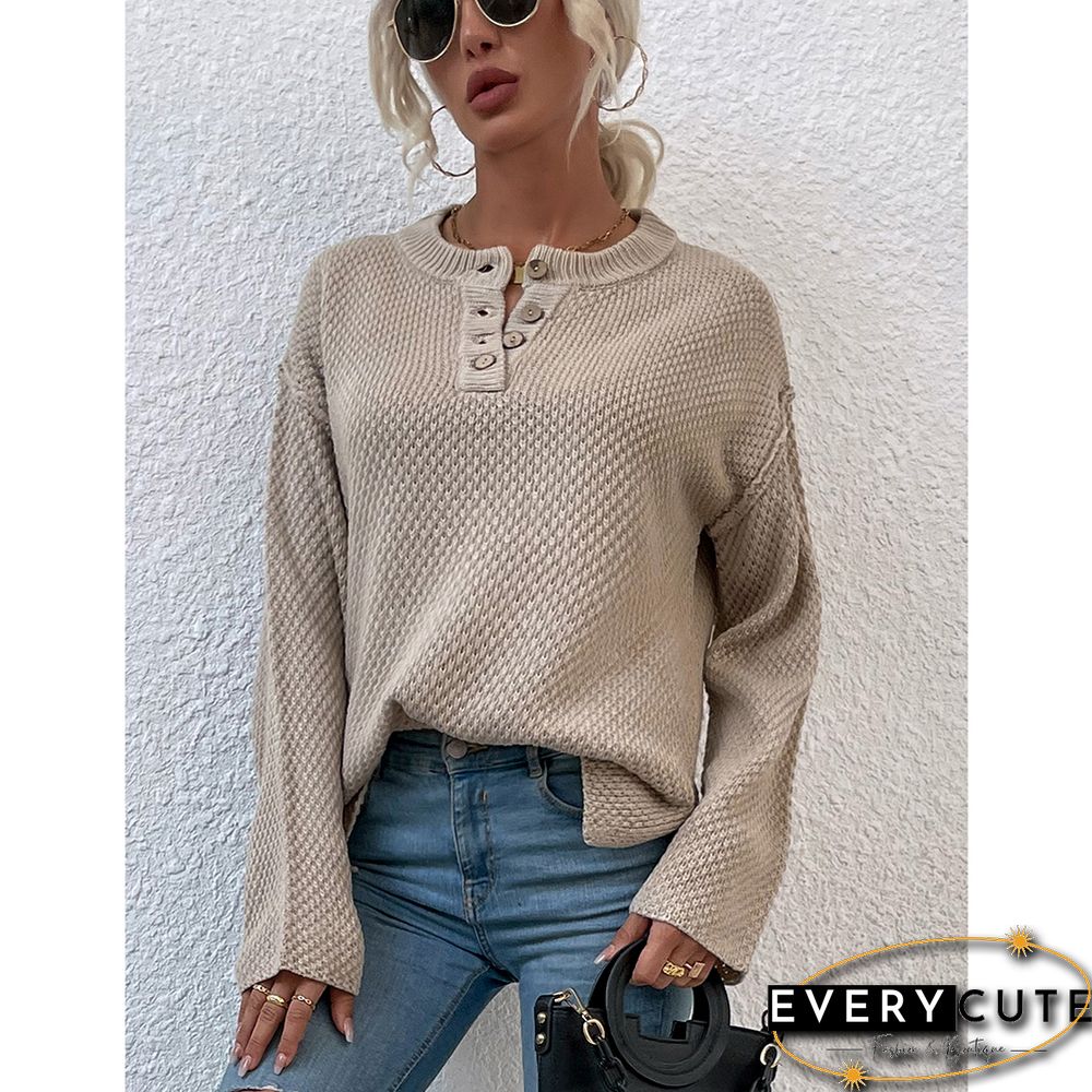 Khaki Button-up Crew Neck Drop Shoulder Knit Sweater