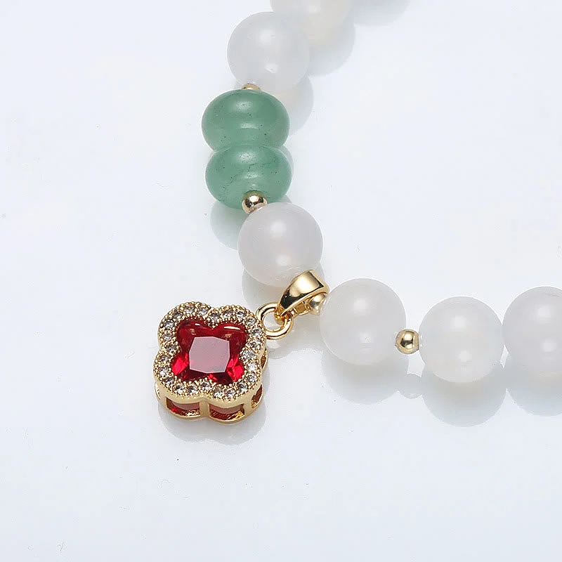 White Agate Red Agate Money Bag Fu Character Four Leaf Clover Protection Charm Bracelet