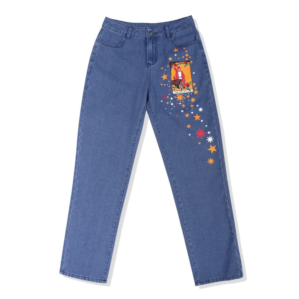 Womens Jeans Star Cartoons Pattern Printed 2020 Autumn Winter Denim Trousers fit Young Girl Vintage Cute female Jeans Pant Blue