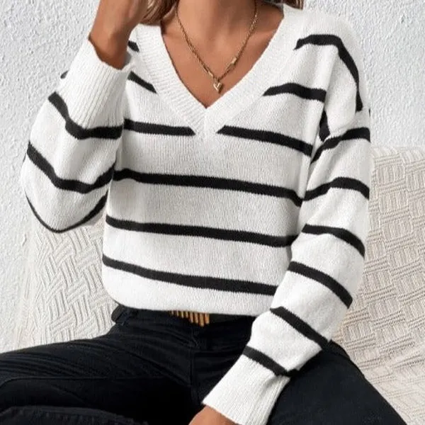 Basic V-Neck Striped Sweater