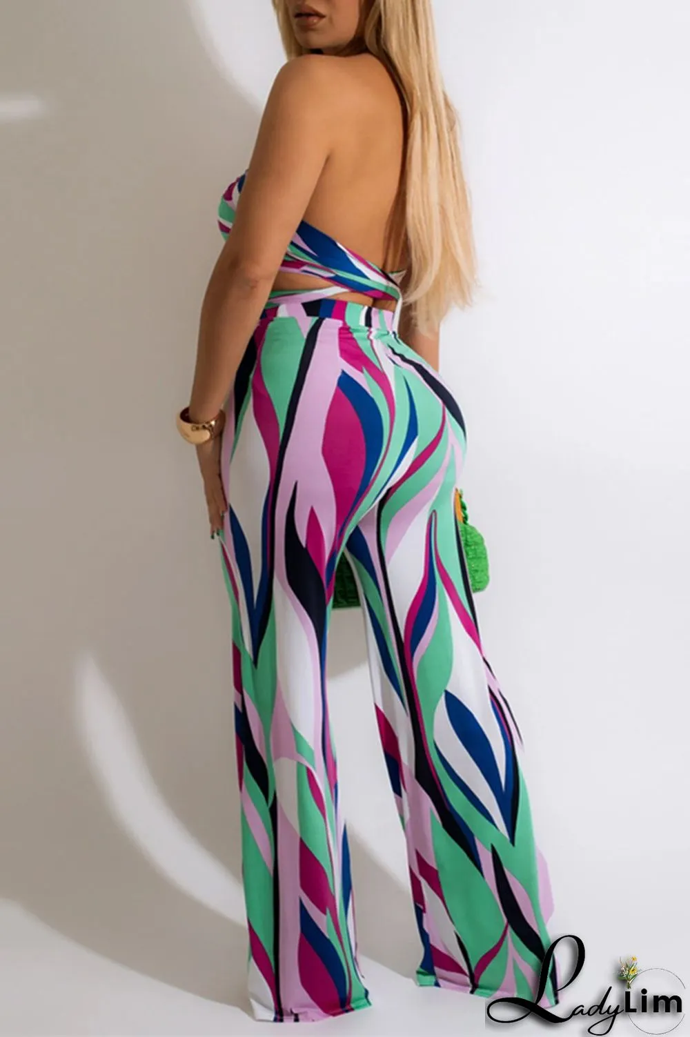Purple Fashion Sexy Print Bandage Backless Halter Sleeveless Two Pieces