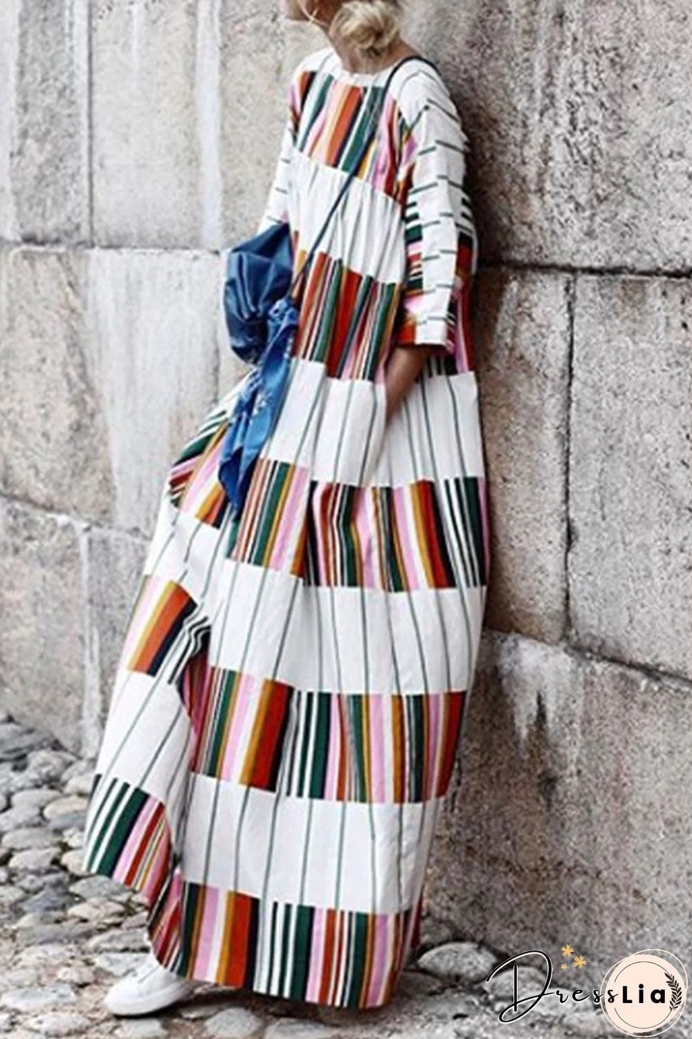 Fashion Casual Striped Split Joint O Neck A Line Dresses