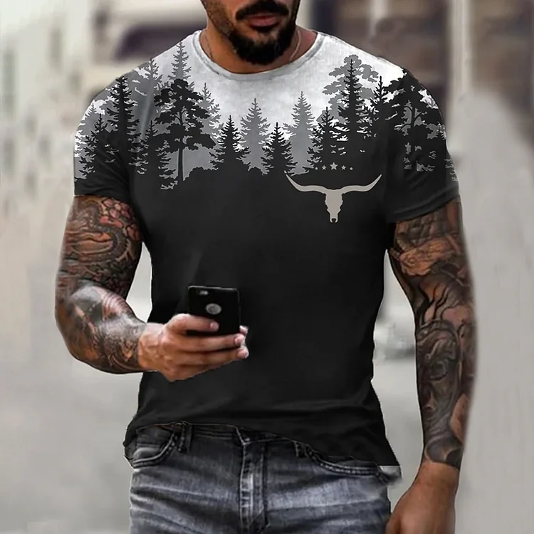 Forest Bull Head Patchwork Print Short Sleeve T-Shirt ctolen