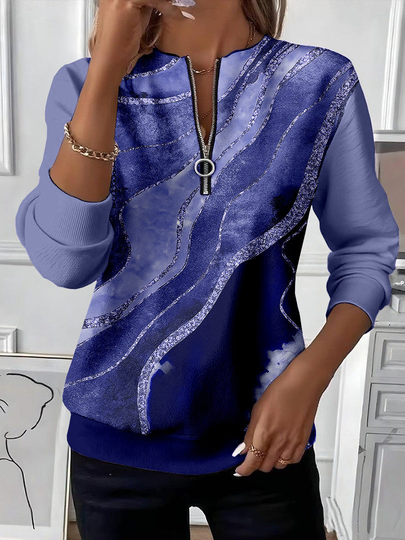 Women Long Sleeve Scoop Neck Striped Colorblock Printed Graphic Zipper Tops