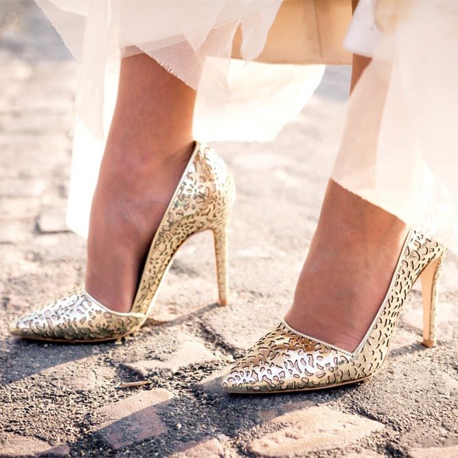 Golden Stiletto Heels Pointy Toe Hollow out Pumps Stiletto Heels for Women |FSJ Shoes