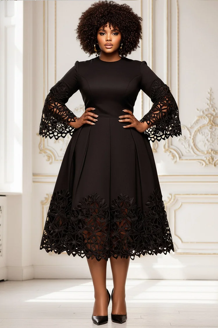 Xpluswear Design Plus Size Wedding Guest Black Round Neck Flare 3/4 Sleeve Cut Out Midi Dresses [Pre-Order] 2024 - Xpluswear