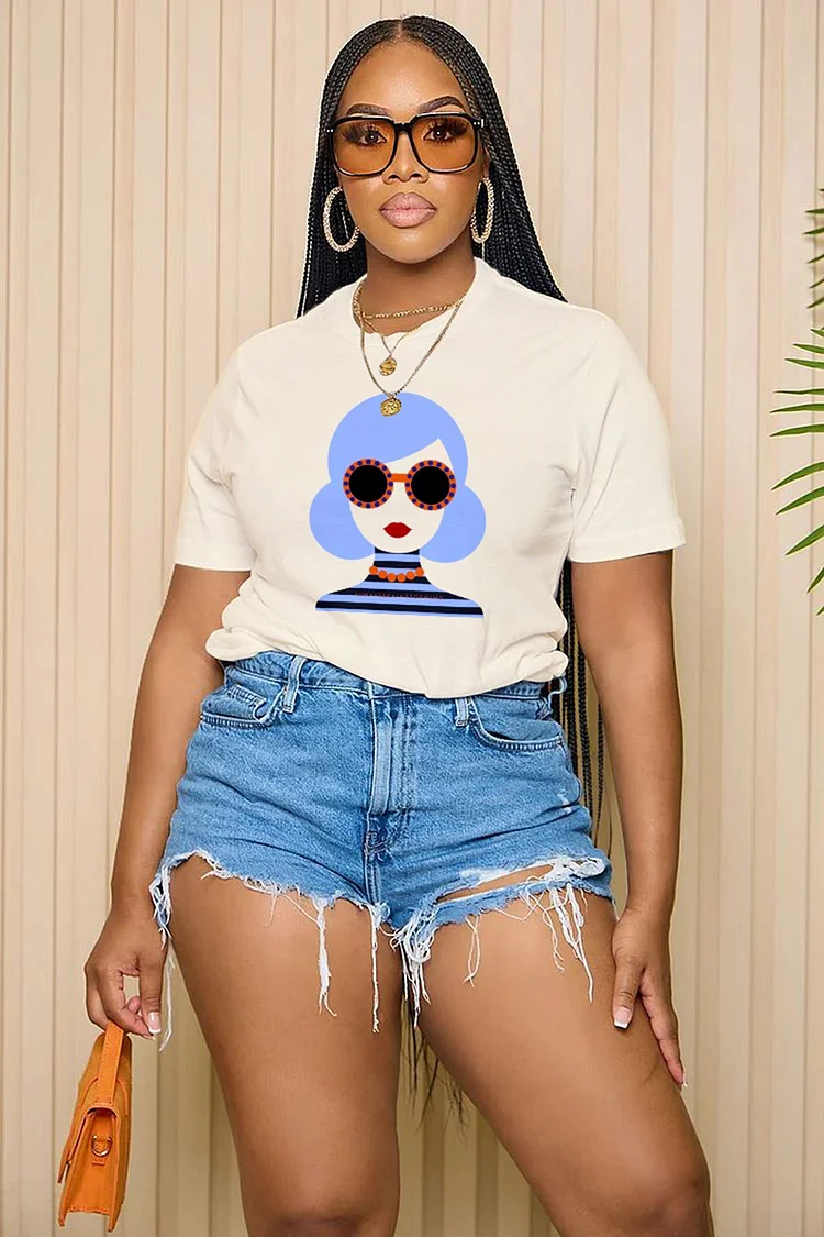 LORAGAL Glasses Girl Cartoon Print Short Sleeve Casual T-Shirt-LightYellow
