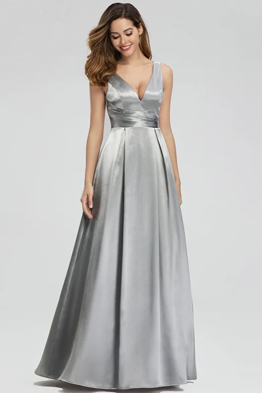 Bellasprom Silver Grey Long Satin Evening Prom Dress Online Sleeveless