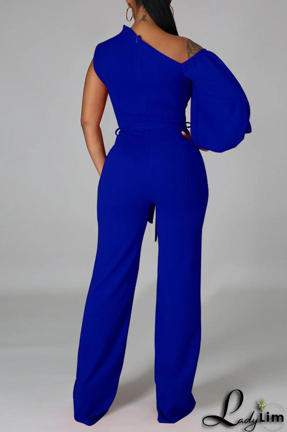 Black Fashion Casual Solid Patchwork Asymmetrical Asymmetrical Collar Straight Jumpsuits