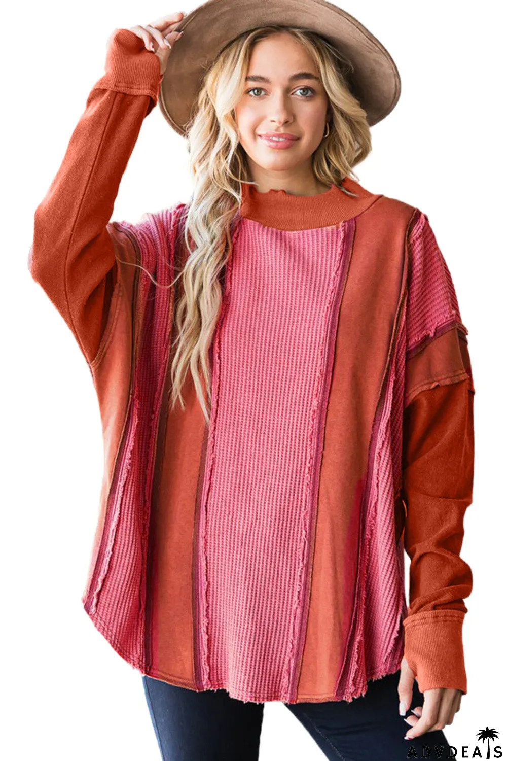 Red Waffle Knit Ripped Exposed Seam Patchwork Top with Thumbhole