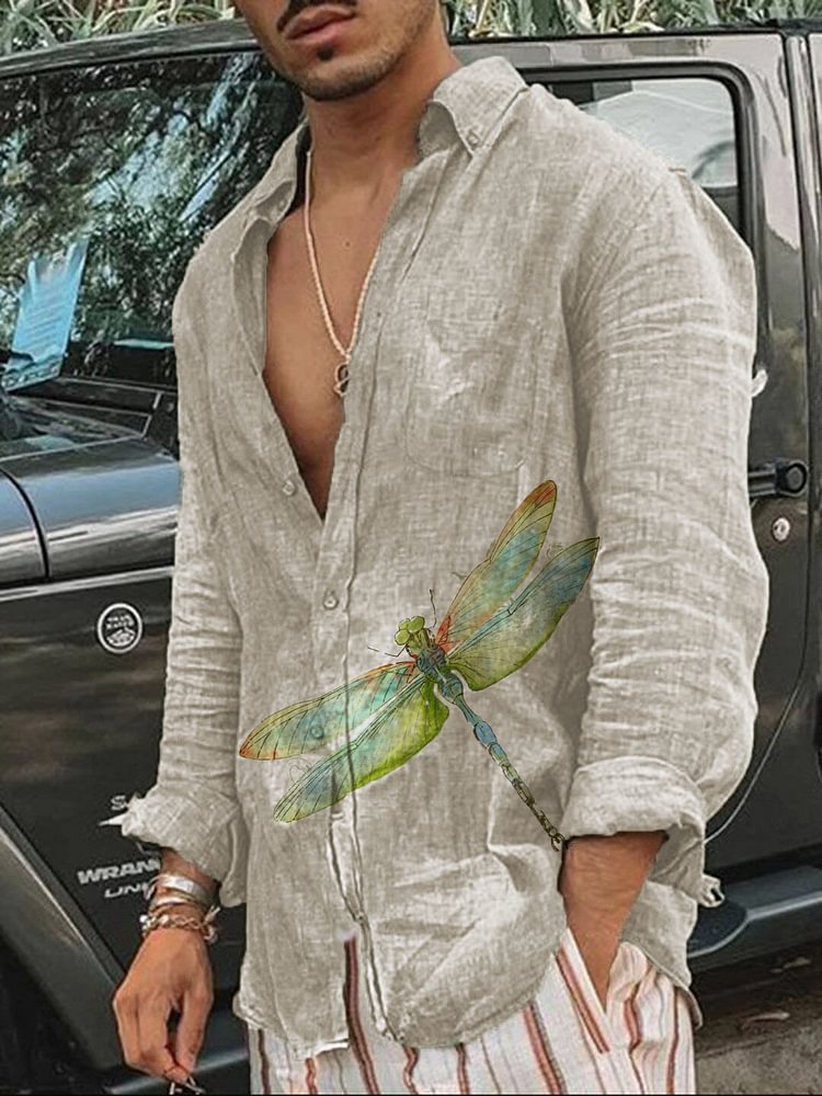Men's Dragonfly Print Casual Loose Long Sleeve Shirt