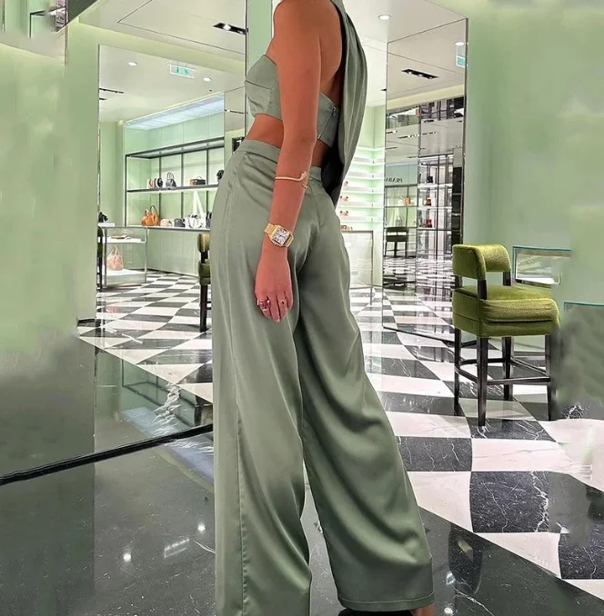 Mongw Mongw Women's Temperament Elegant Hanging Neck Diagonal Shoulder Chest Sexy Crop Wide Leg Pants Suit