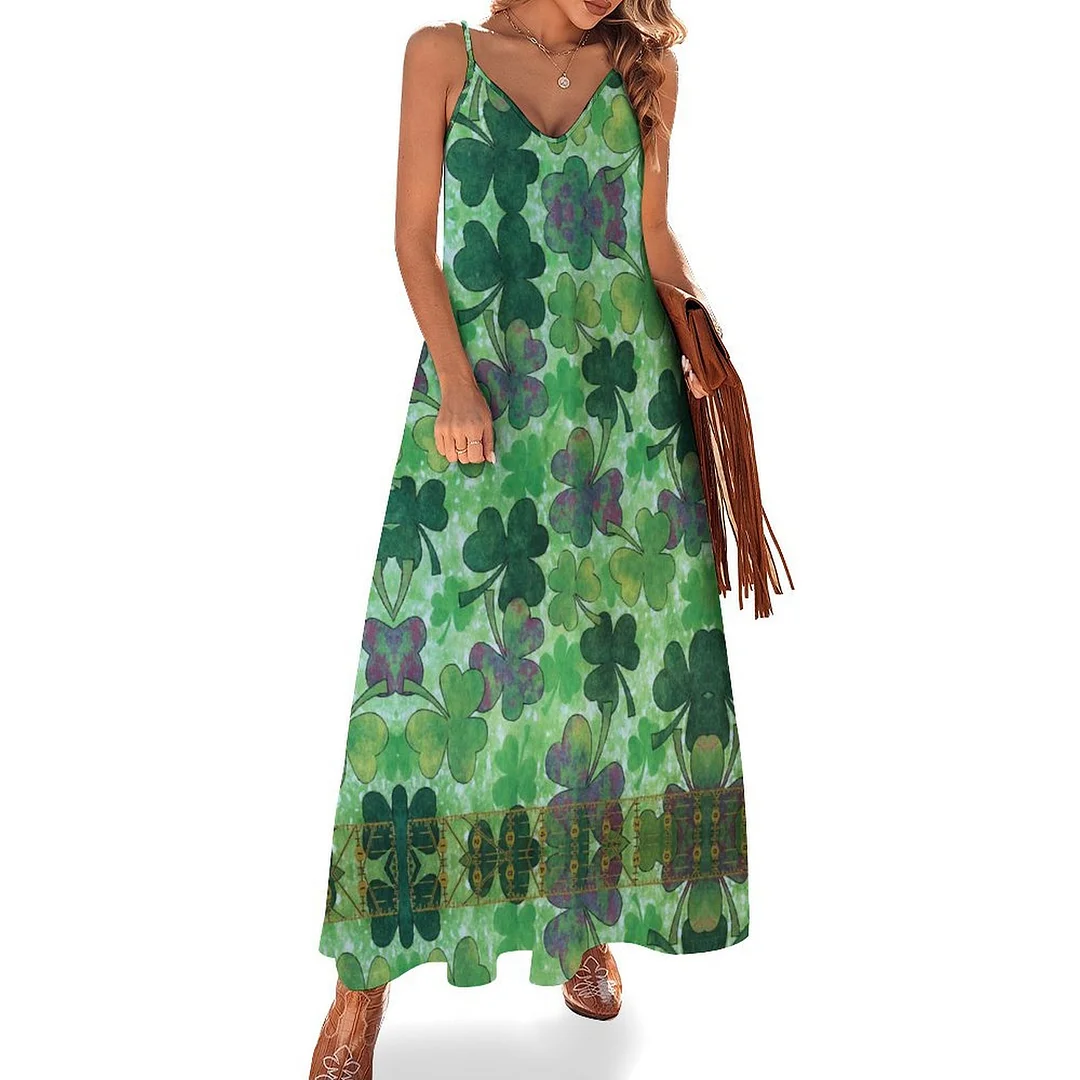 Style & Comfort for Mature Women Plus Size Printed Sling Casual Women Maxi Dress in Pattern St. Patrick's Day, Green, Clover, Lucky