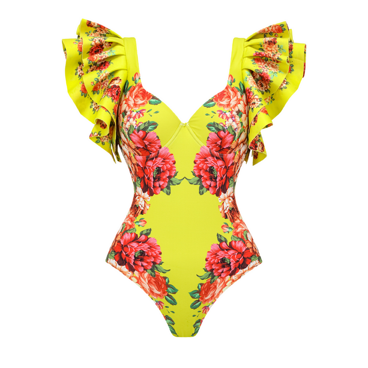 Ruffles Colorful Flower Print One Piece Swimsuit and Skirt 