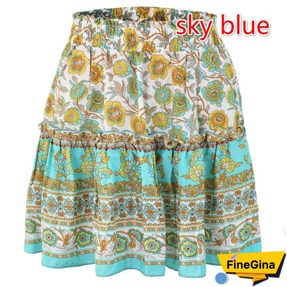 Women Fashion Casual Floral Short Skirts Summer High Waist Pleated Beach Skirt Beho Ruffle Dresses