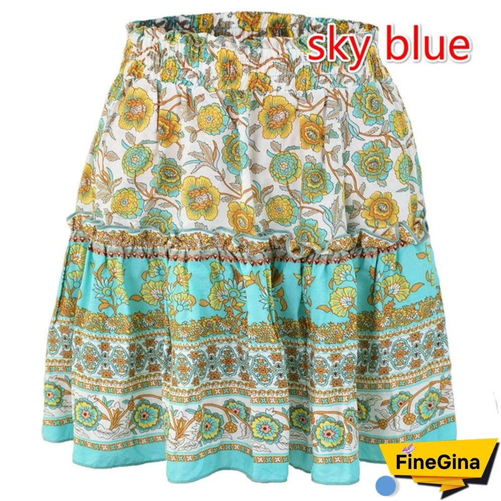 Women Fashion Casual Floral Short Skirts Summer High Waist Pleated Beach Skirt Beho Ruffle Dresses