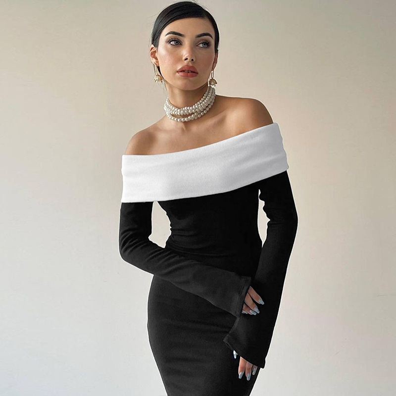 Ootddress Off-Shoulder Patchwork Slim Maxi Dress For Women Long Sleeve High Waist Elegant Backless Party Dress Female Autumn Outfit