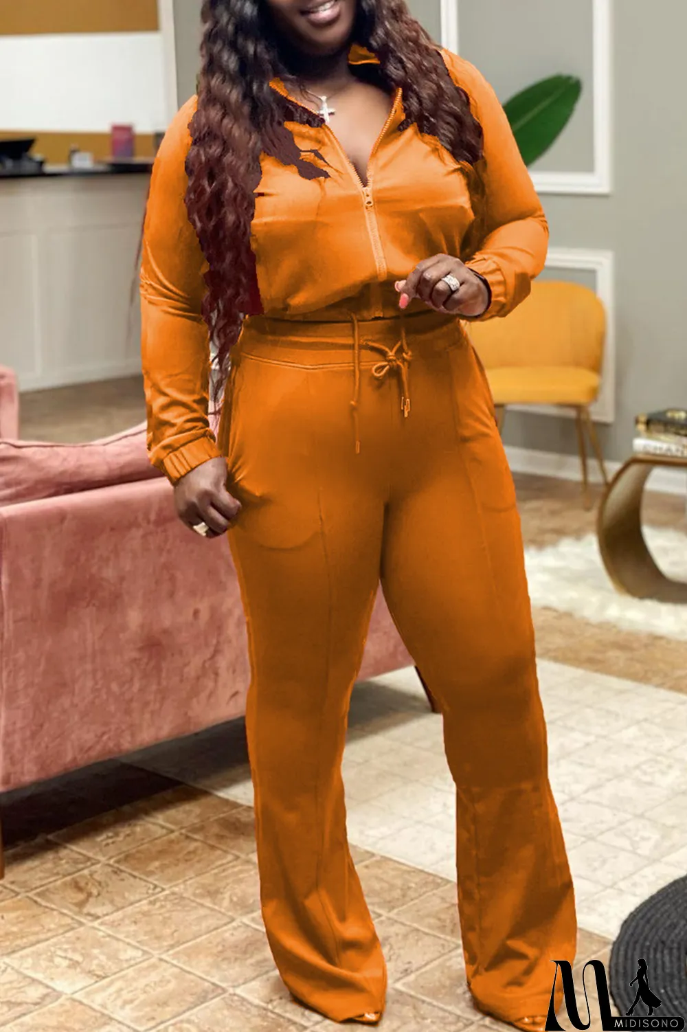 MidiSono - Yellow Fashion Casual Solid Basic Zipper Collar Plus Size Two Pieces