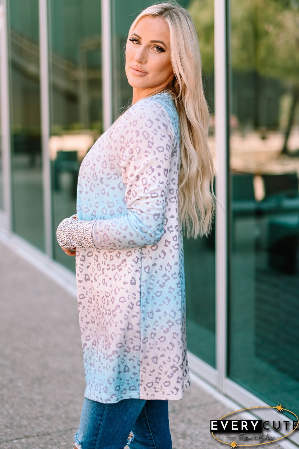 Multicolor Gradient Leopard Open Front Cardigan