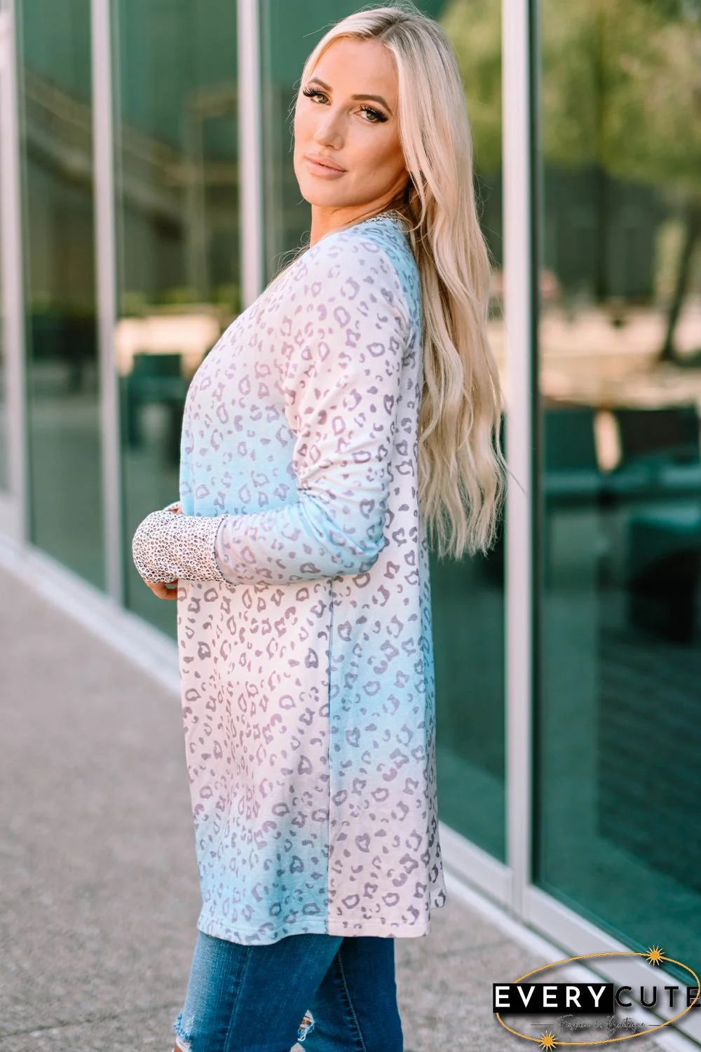 Multicolor Gradient Leopard Open Front Cardigan